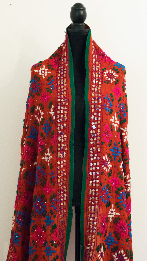 Vintage Indian Embroidered Silk Scarf