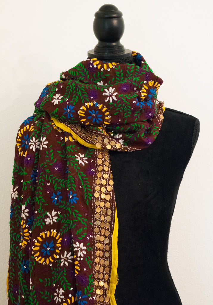 Vintage Indian Embroidered Silk Scarf