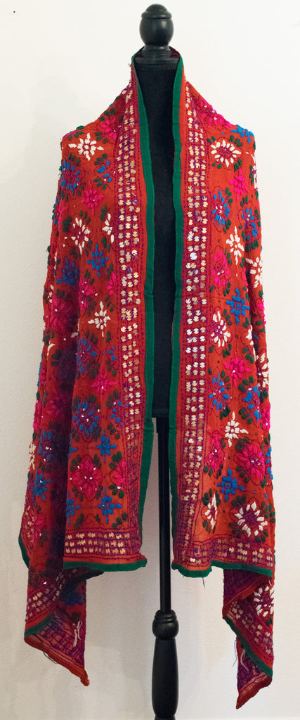 Vintage Indian Embroidered Silk Scarf