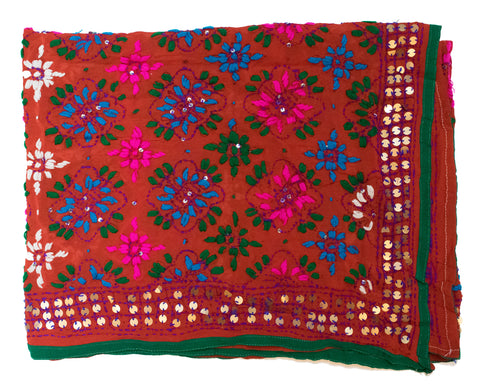 Vintage Indian Embroidered Silk Scarf