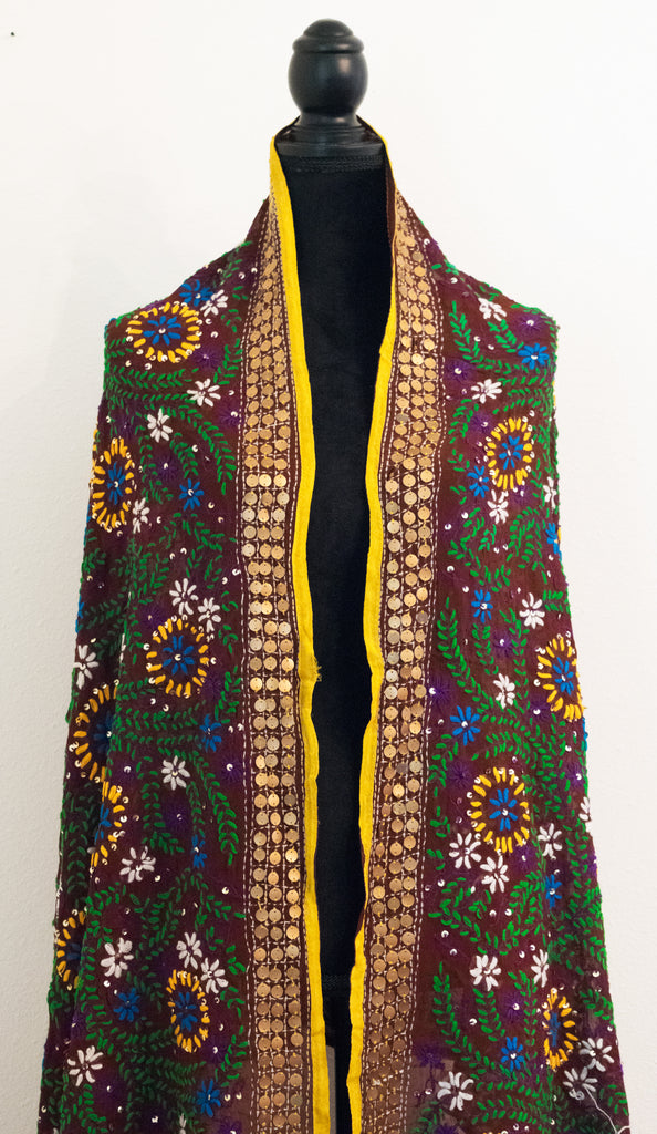 Vintage Indian Embroidered Silk Scarf