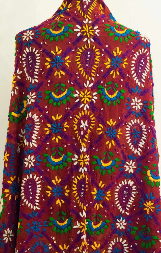Vintage Indian Embroidered Silk Scarf