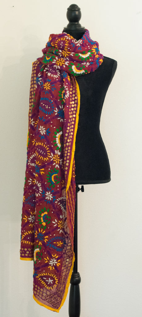 Vintage Indian Embroidered Silk Scarf