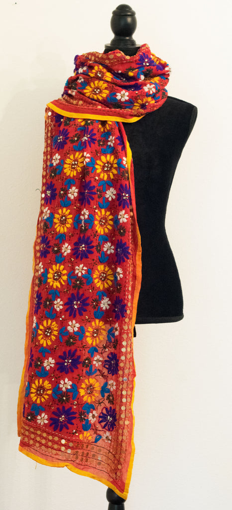 Vintage Indian Embroidered Silk Scarf