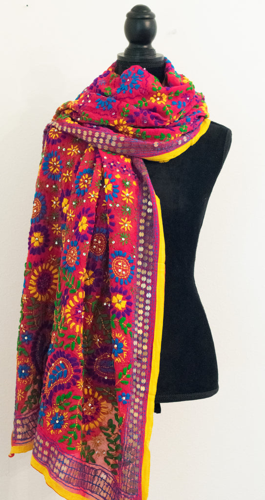 Vintage Indian Embroidered Silk Scarf