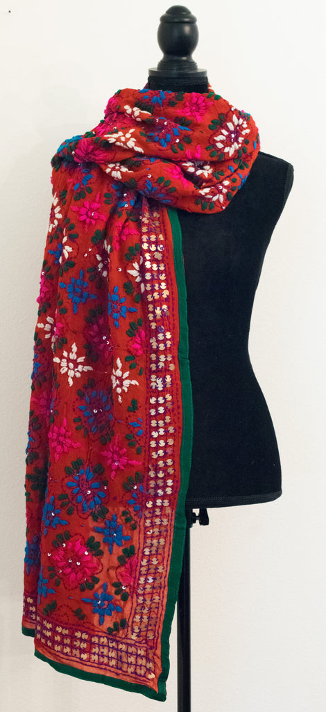 Vintage Indian Embroidered Silk Scarf