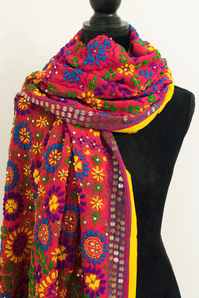 Vintage Indian Embroidered Silk Scarf