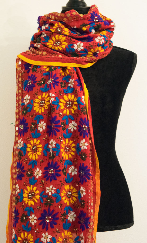 Vintage Indian Embroidered Silk Scarf