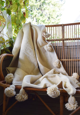 Cream Moroccan Pom Pom Blanket | Worldwide Textiles