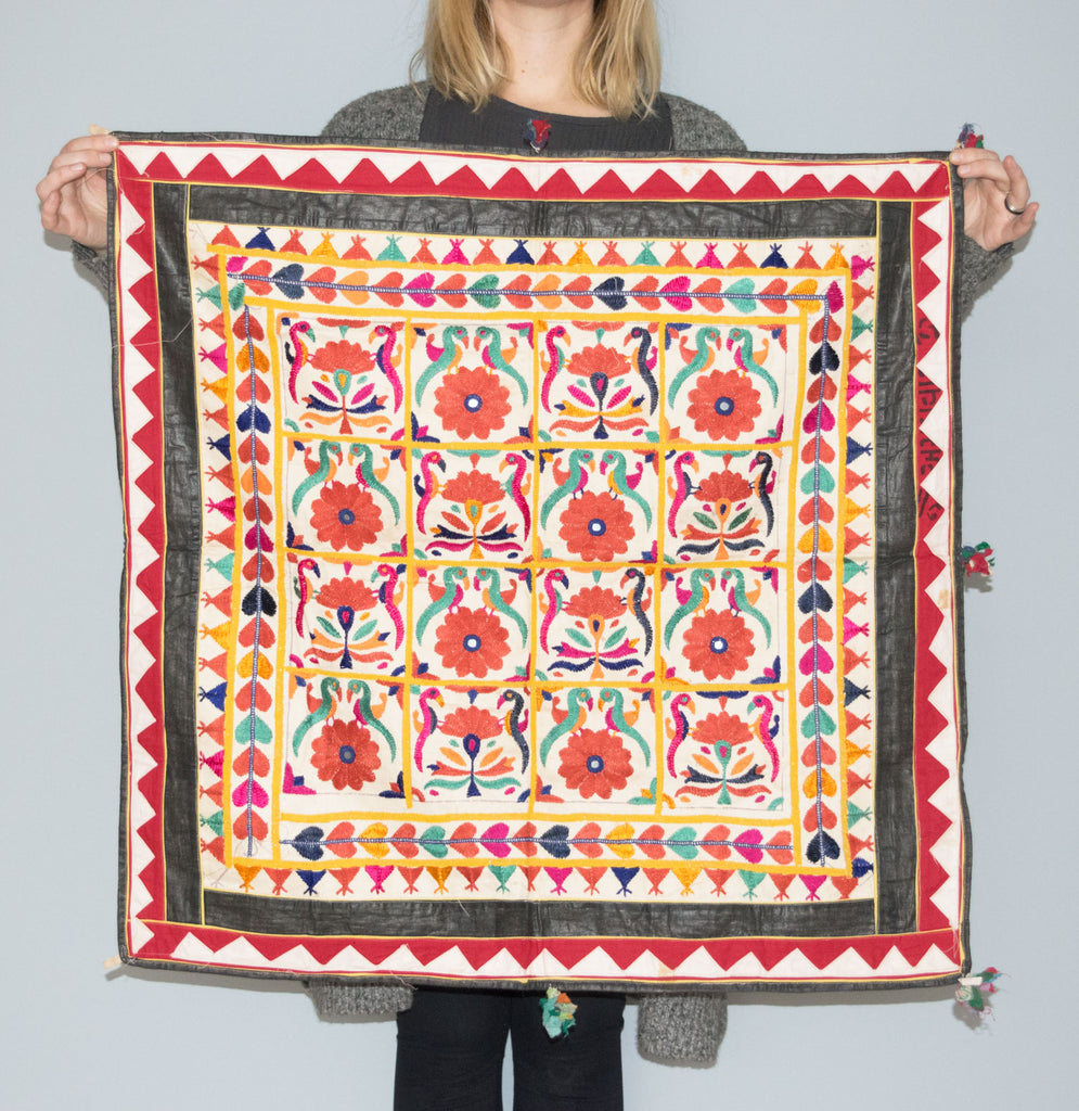 thumbnail image 2 of Indian Handmade Embroidered Cotton Wall Hanging Tapestry - Yellow Patchwork, 60"x18" 2 of 4